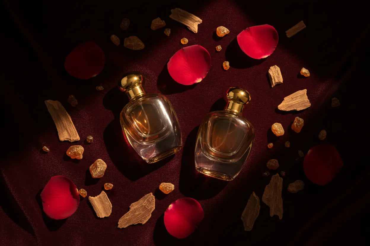 Two luxury perfume bottles on dark velvet with rose petals and oud wood chips - Eau de Parfum vs EDT guide by The Arabian Velvet