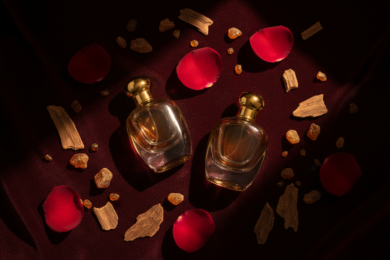 Two luxury perfume bottles on dark velvet with rose petals and oud wood chips - Eau de Parfum vs EDT guide by The Arabian Velvet