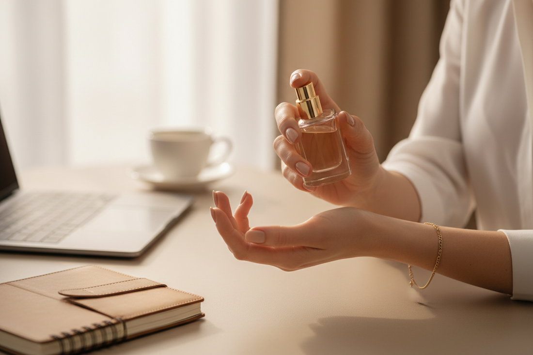 Elegant woman applying perfume at office desk - office-friendly fragrance tips by The Arabian Velvet
