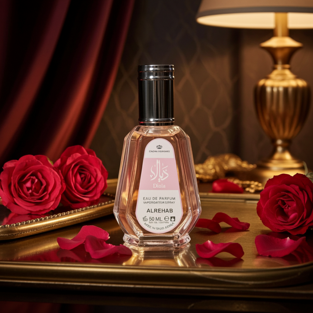 Perfume bottle with red roses on a reflective surface