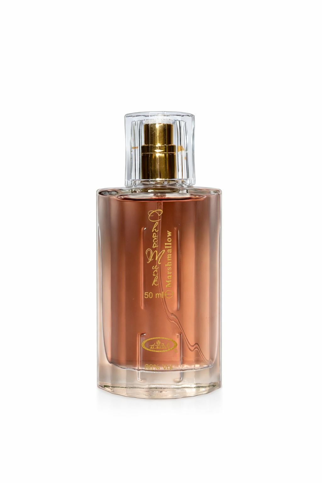 Perfume bottle with gold cap on a white background