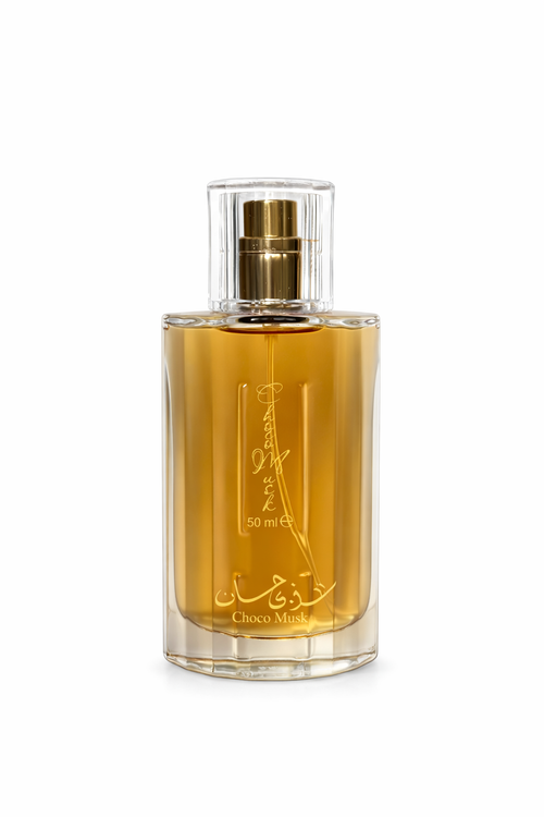 Perfume bottle with gold cap on a white background