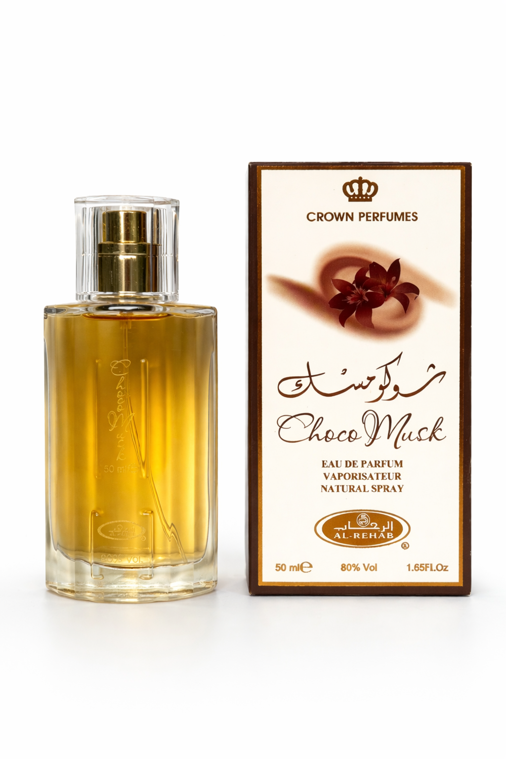 Perfume bottle and packaging of Choco Musk by Crown Perfumes on a white background