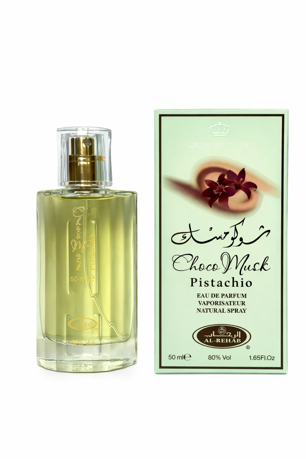 Perfume bottle and packaging of Choco Muck Pistachio by Al-Rehab on a white background
