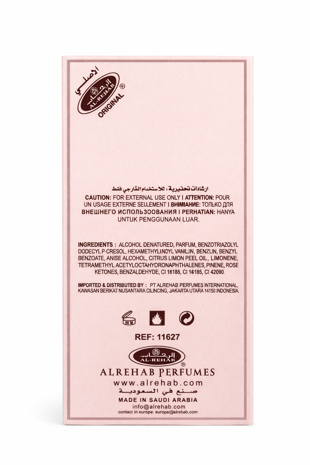 Back label of a pink Alrehab Perfumes product on a white background