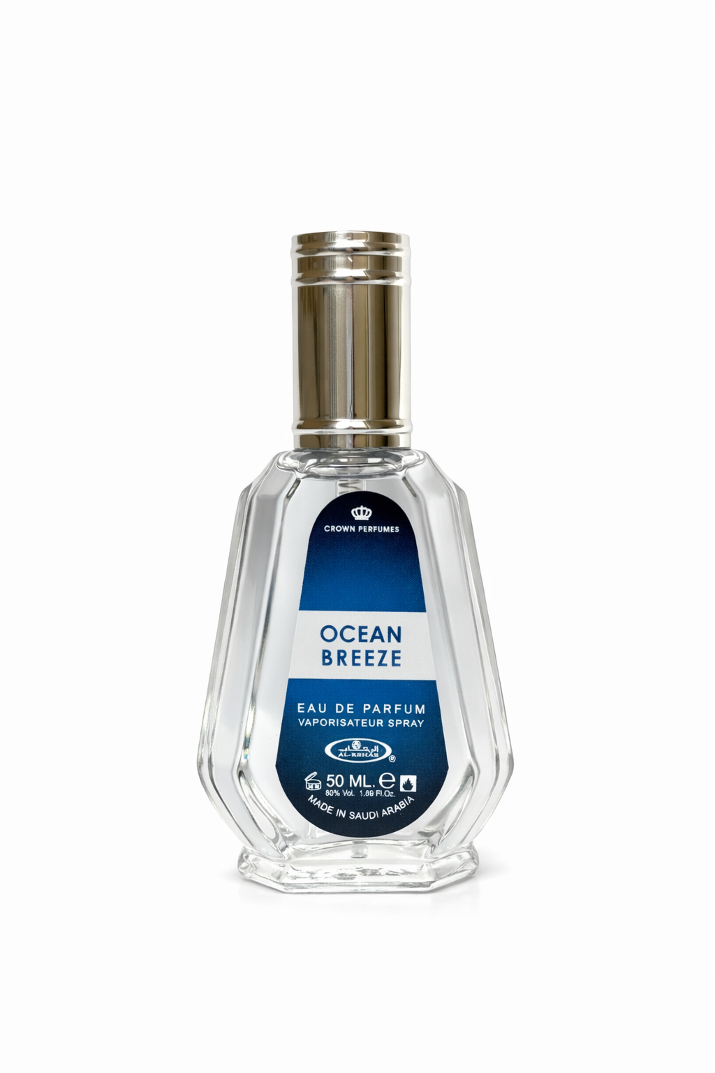 Perfume bottle labeled 'Ocean Breeze' on a white background