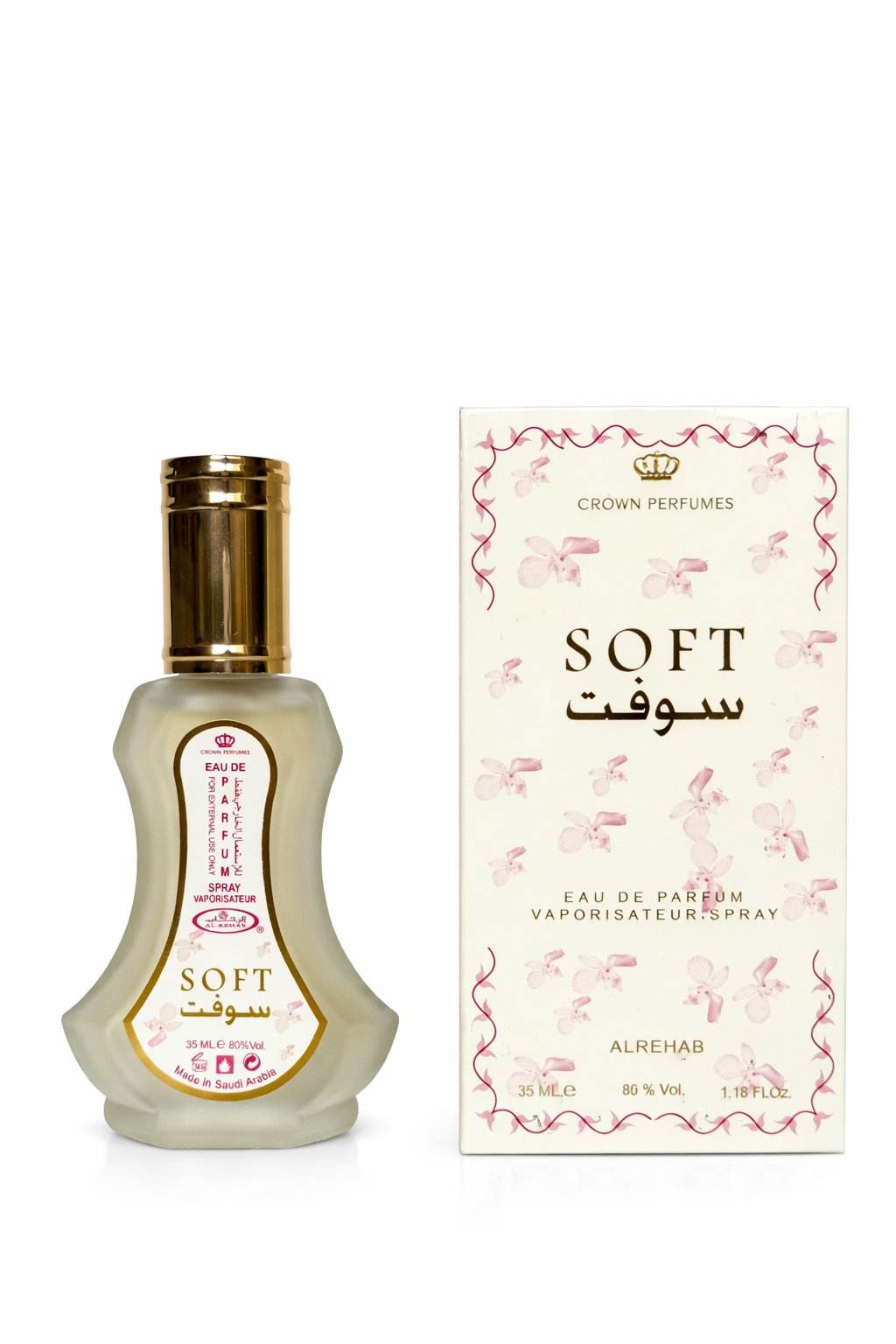 Perfume bottle and packaging with 'SOFT' branding on a white background