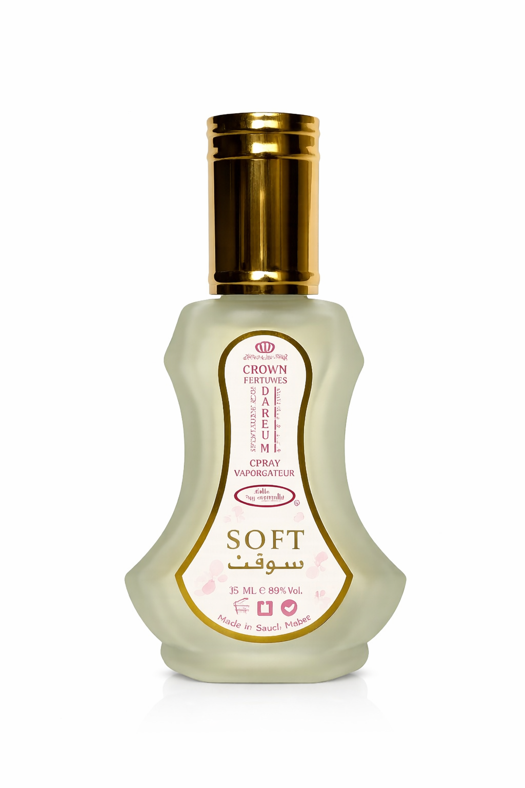 Perfume bottle labeled 'Soft' with a gold cap on a white background