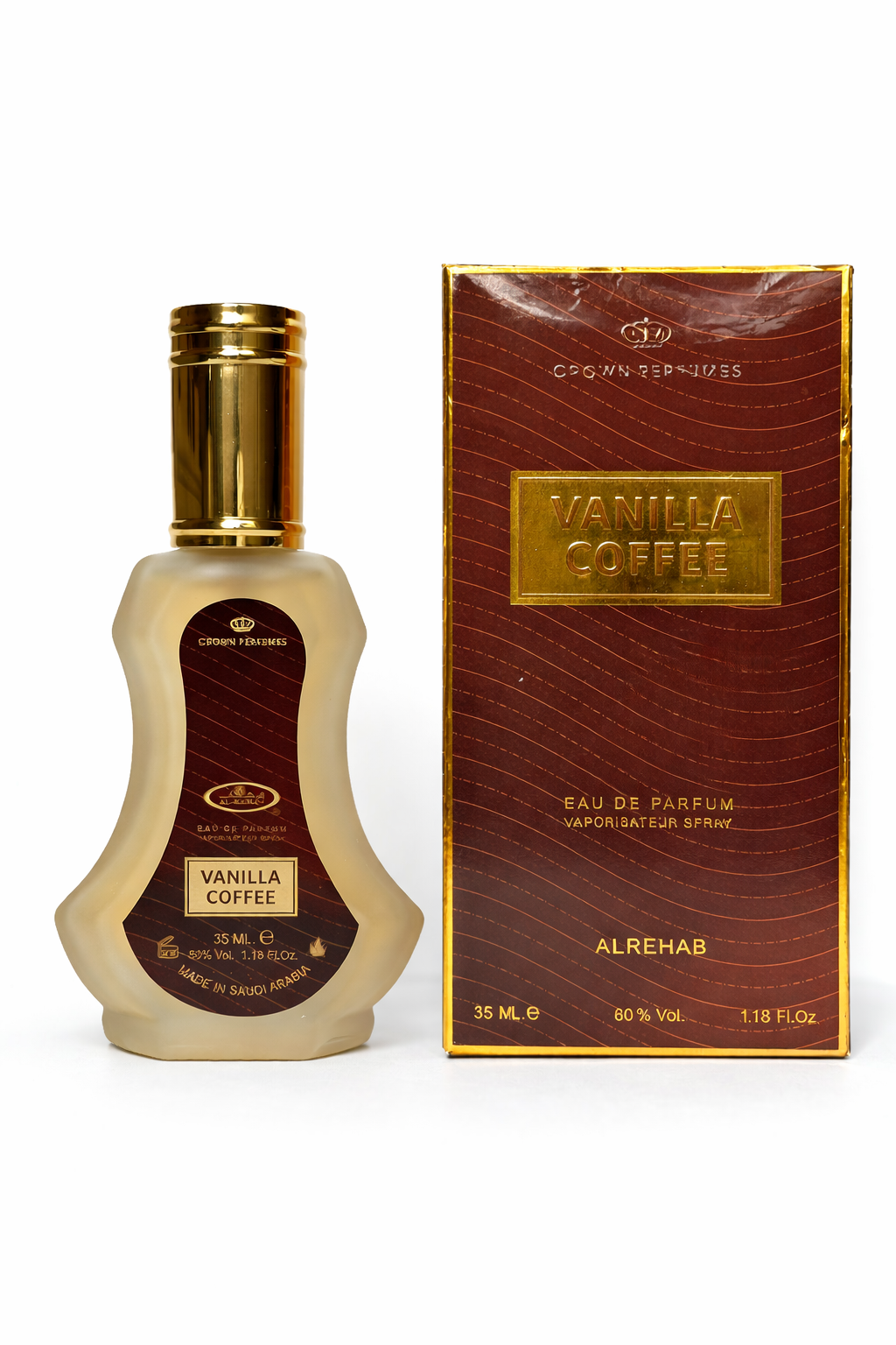 Vanilla Coffee perfume bottle and packaging on a white background
