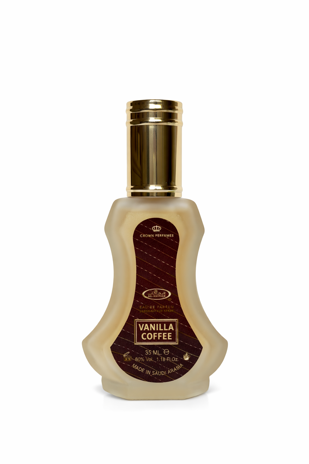 Vanilla coffee bottle with gold cap on a white background